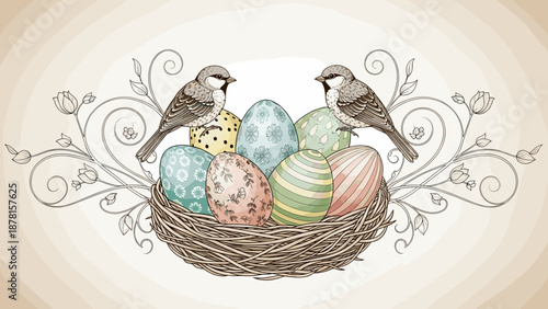 Two birds sitting on a nest with colorful easter eggs and floral decorations around