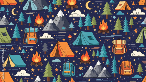 Colorful camping pattern with tents, trees, mountains, and campfires at nighttime