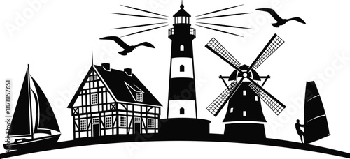 Minimalist coastal illustration with lighthouse, windmill, sailing boat and seaside houses, nautical travel landscape with birds and windsurfing, black and white vector art