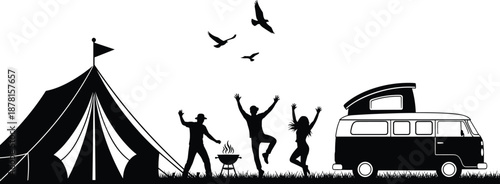 Minimalist camping illustration with happy people silhouettes, tent, barbecue and camper van, outdoor festival and travel lifestyle scene, modern black and white vector art
