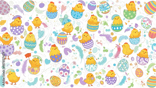 Colorful easter chicks and eggs on with festive decorations and patterns