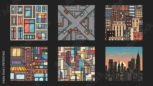 Collage of six city street scenes with colorful geometric patterns and buildings