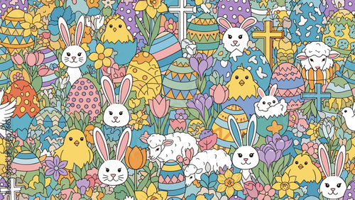 Colorful easter scene with bunnies and eggs in a floral garden setting with cakes