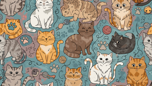 Colorful illustration of various cats and kittens on blue background with toys and paw prints