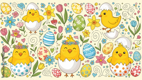 Colorful easter eggs and chicks in a festive springtime scene with flowers and leaves