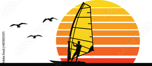 Minimalist windsurfing illustration with athlete silhouette against retro sunset stripes and flying birds, summer beach sport scene, modern vector art background
