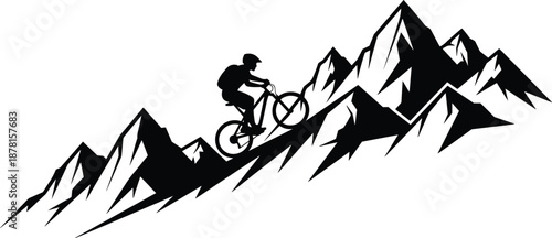 Minimalist mountain biking illustration with cyclist silhouette climbing steep alpine peaks, outdoor adventure and extreme sports concept, modern black and white vector art
