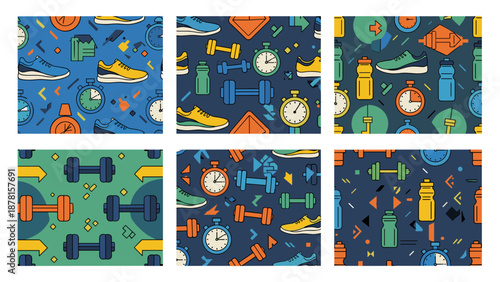 Vibrant seamless patterns featuring fitness equipment and accessories on colorful backgrounds