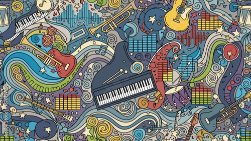 Colorful illustration of musical instruments and swirling patterns on a blue background