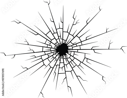 Abstract cracked glass illustration with shattered impact hole and radial fracture lines, black and white broken surface texture, damage and destruction concept