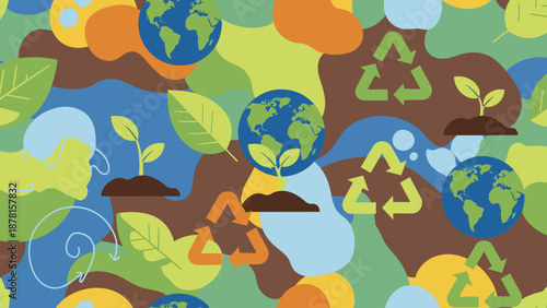 Vibrant illustration of eco friendly symbols and earth with recycling and green leaves on colorful background