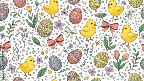 Colorful easter pattern with chicks eggs flowers and bows