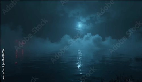 Dark storm clouds and thick fog swirl over the city landscape creating an abstract nature backdrop of wind and rain under a heavy cloudscape