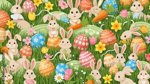 Colorful easter bunnies and eggs in grass with flowers on a scene