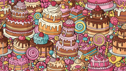 Colorful assortment of cakes and candies on a with sweet treats