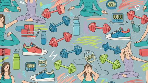 Colorful illustration of women exercising with fitness equipment and accessories
