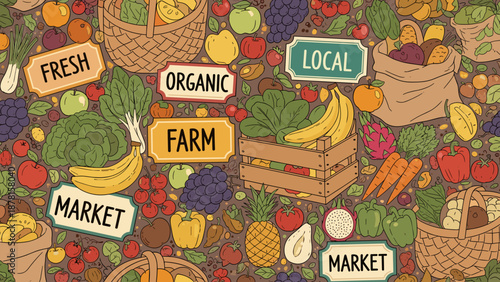 Colorful illustration of fresh organic farm market produce and baskets of fruits and vegetables