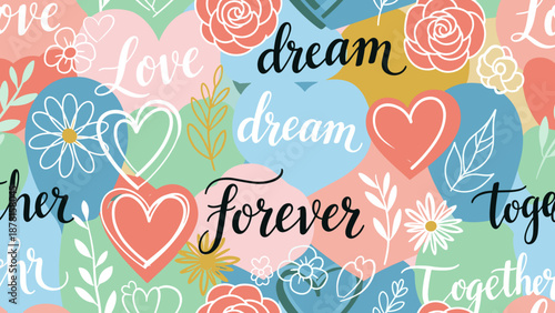 Colorful heart and flower pattern with love words on pastel background