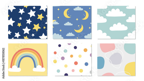 Collection of six colorful pattern backgrounds with clouds, stars, moon, rainbow, and dots