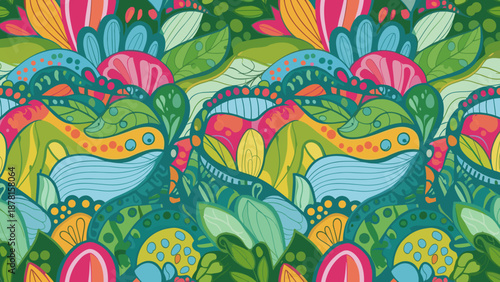 Vibrant floral pattern with colorful leaves and flowers in a whimsical design