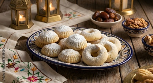 Beautifully arranged traditional Eid cookies with powdered sugar for festive celebration