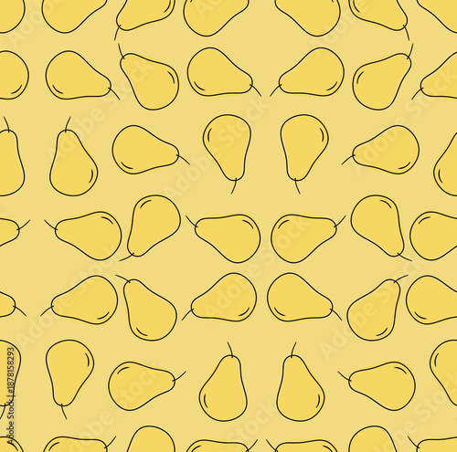 Seamless pattern with pear, colorful pears, pastel background, vector graphics, hand-drawn style, soft and delicate, repeating fruit design.