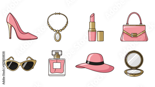 Fashionable Woman Accessories: Purse Mirror Lipstick Hat Jewelry Perfume Shoes Sun