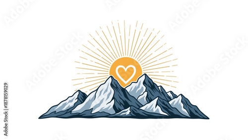 Mountain Peak Sunburst Heart Graphic: Explore Nature with Love and Warmth Illustration