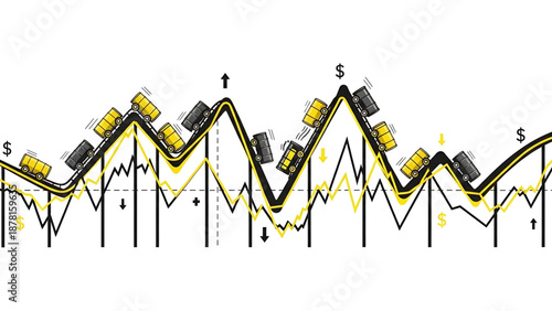 Oil A vector graphic illustration of a stock market graph with trucks carrying money on a winding road