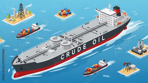 Oil A vector graphic illustration of a crude oil tanker ship surrounded by smaller boats and oil rigs in the ocean