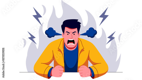 A man with an intensely furious expression is shown with steam erupting from his ears and lightning, symbolizing extreme anger.