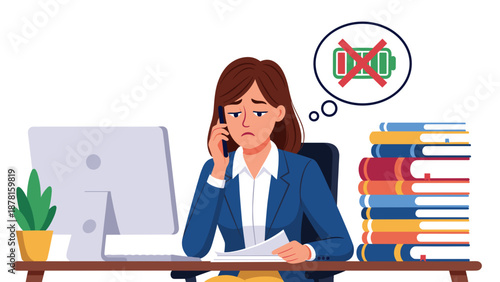 An exhausted businesswoman sits at her office desk, talking on the phone, with a low battery symbol symbolizing burnout.