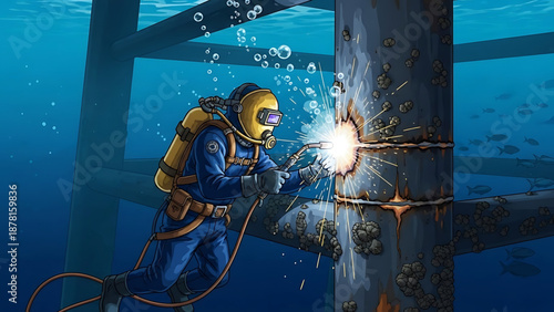Oil An underwater welder in a diving suit works on a metal structure beneath the ocean's surface.