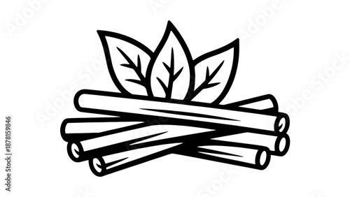 A simple black and white line art icon depicting a small pile of wooden logs accompanied by a few broad leaves.