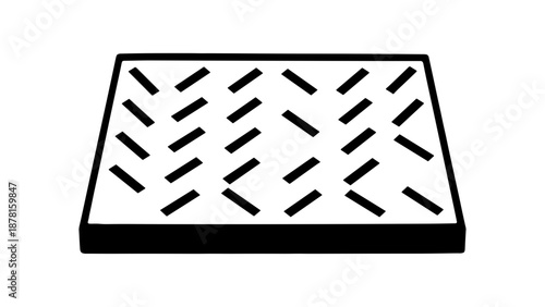 A minimalistic black and white icon featuring a rectangular shape filled with a random arrangement of short diagonal lines.