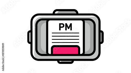 A simplistic cartoon icon representing a rectangular digital display or container with the letters 'PM' and a red slider bar.