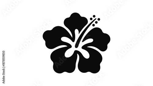 A striking black silhouette of a tropical hibiscus flower, showcasing its distinct petals and prominent stamen on a white background.