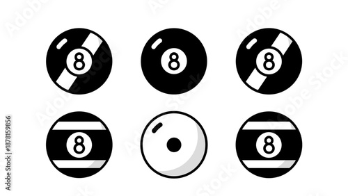 A graphic collection of six variations of the number 8 billiard balls, alongside a single solid white cue ball for pool games.