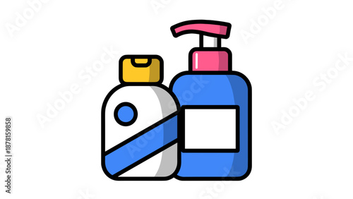 A simple and colorful cartoon illustration depicting two distinct bottles, one pump dispenser and one with a flip-top, for personal care products.