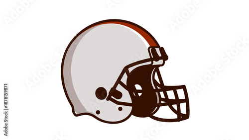 A minimalistic cartoon illustration of a classic American football helmet in a neutral color palette, featuring a detailed face mask.