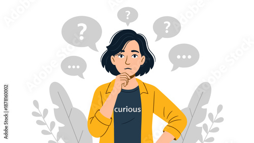 A young woman with a thoughtful and curious expression, hand on chin, surrounded by speech bubbles with question marks and ellipses.