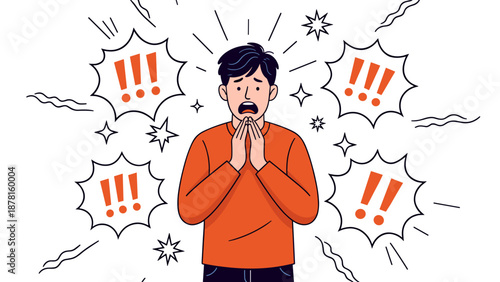 A visibly shocked and panicked man holds his hands to his chest, surrounded by multiple exclamation marks and bursts, indicating alarm or crisis.