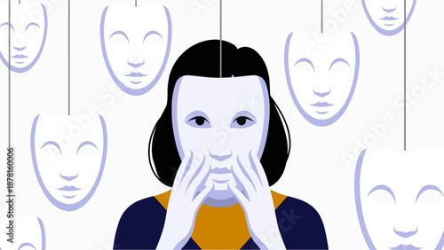 A melancholic woman with a pale face holds her hands to her mouth, surrounded by hanging white masks, symbolizing hidden emotions or identity.