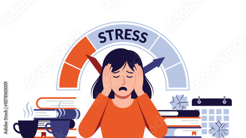 An overwhelmed woman holds her head in frustration, with a prominent "STRESS" meter indicating high levels, surrounded by books and a calendar.