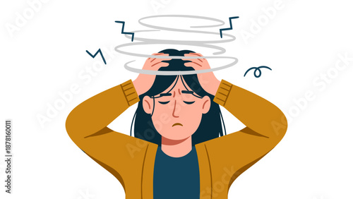 A distressed woman clutches her head, surrounded by swirling lines and zigzags, depicting symptoms of dizziness, headache, or vertigo.