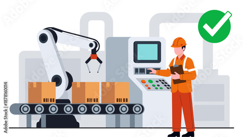 A factory worker in a hard hat and orange vest operates a control panel next to an automated robotic arm and a conveyor belt with packages, with a green checkmark.