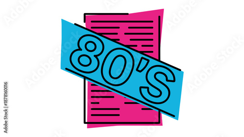 A stylized illustration featuring a pink newspaper with blue lines of text, overlaid with a bold blue banner prominently displaying "80's".
