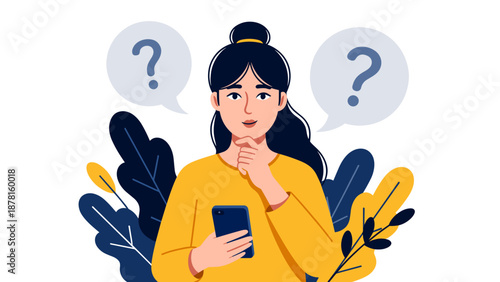 A thoughtful woman holds a smartphone and looks contemplatively, with question marks floating in speech bubbles above her head, surrounded by decorative plants.