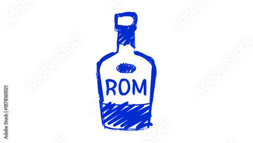 A minimalist, hand-drawn sketch illustration of a rum bottle in a textured blue crayon or marker style, with "ROM" written on it.