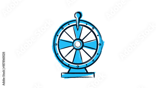 An eye-catching blue wheel of fortune is prominently displayed, suggesting themes of luck, games, chance, and opportunities.